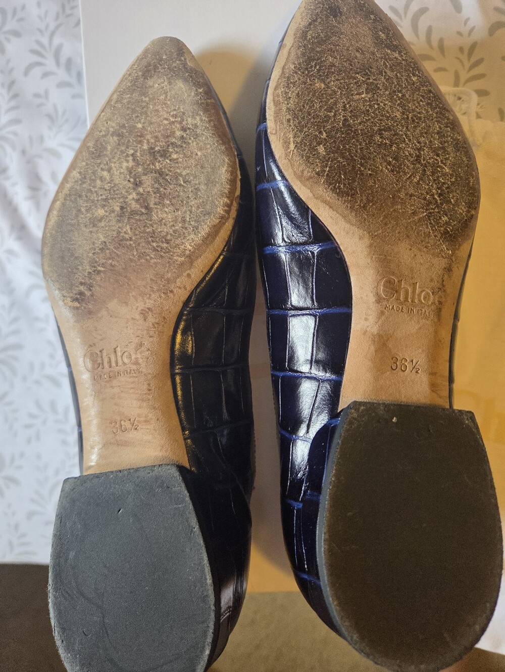 Chloe Navy Blue Croc-Embossed Pointed Toe Flats - Picture 3 of 5